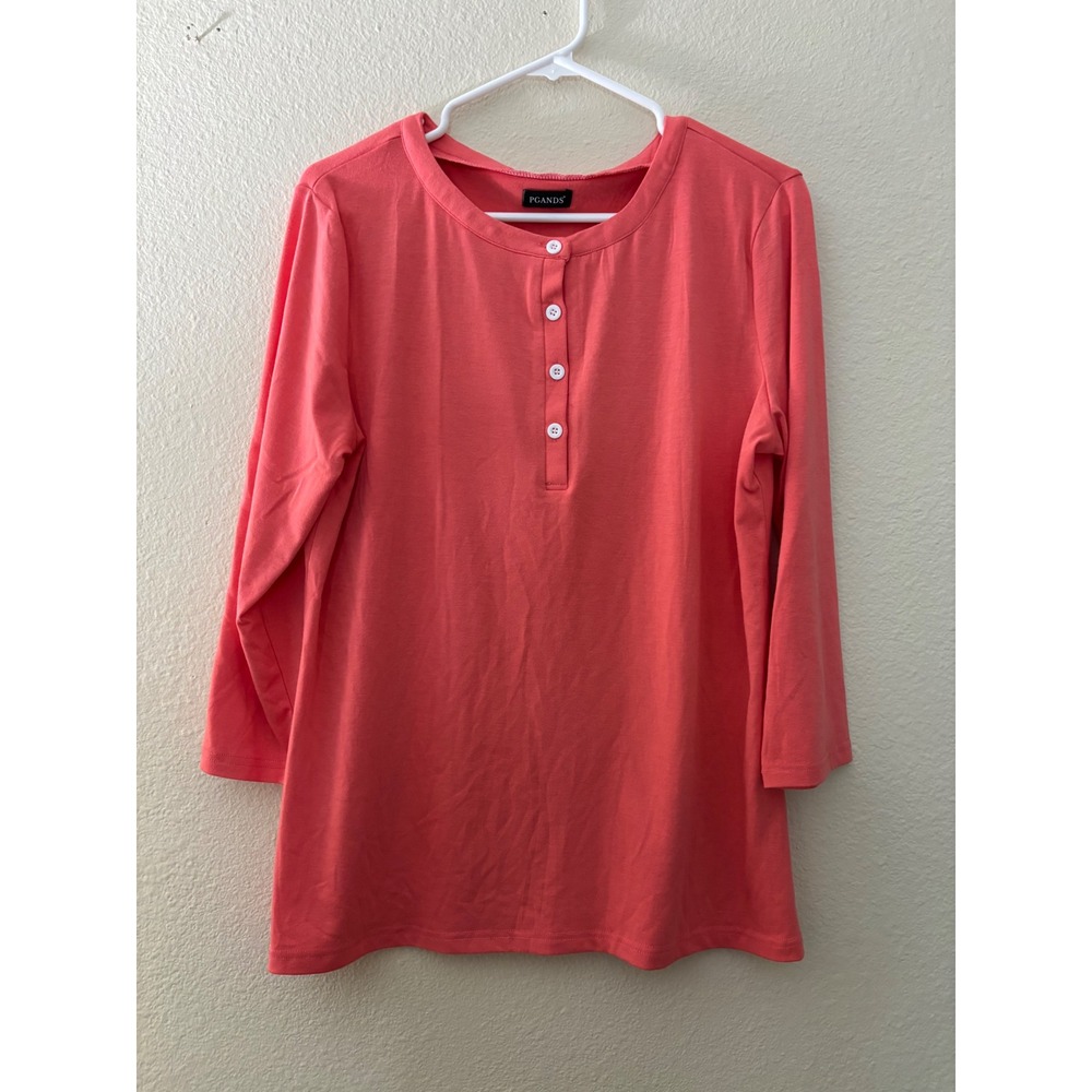 PGANDS‎ Coral Top Womens L Button Henley 3/4 Sleeve Casual Comfy
(A714)